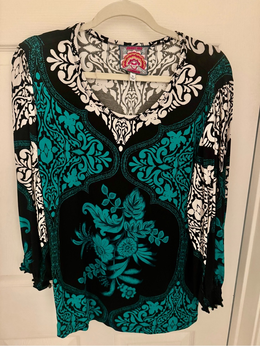 Johnny Was Teal and Black Floral Long Sleeve V-Neck Top
